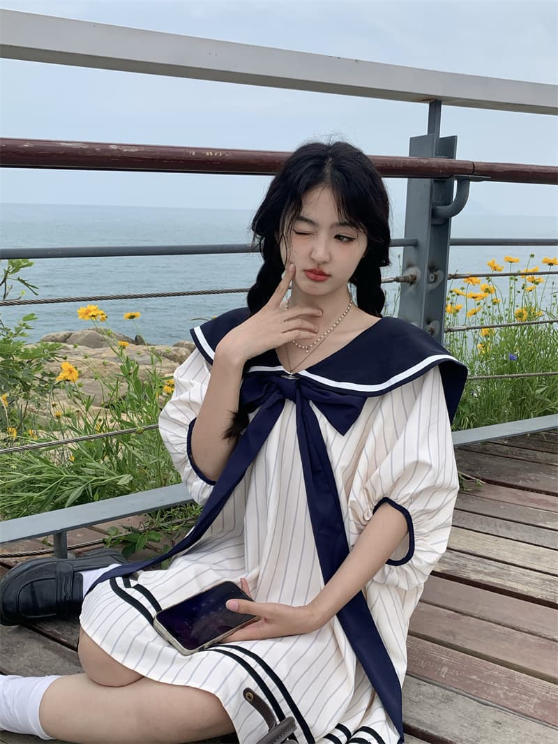 실사 새로운 한 부서 달콤함 연령 감소 해군 칼라 3 차원 나비 매듭 루즈핏 드레스 상세 이미지 24