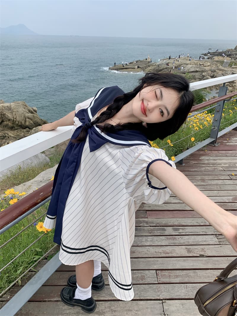 실사 새로운 한 부서 달콤함 연령 감소 해군 칼라 3 차원 나비 매듭 루즈핏 드레스 상세 이미지 26