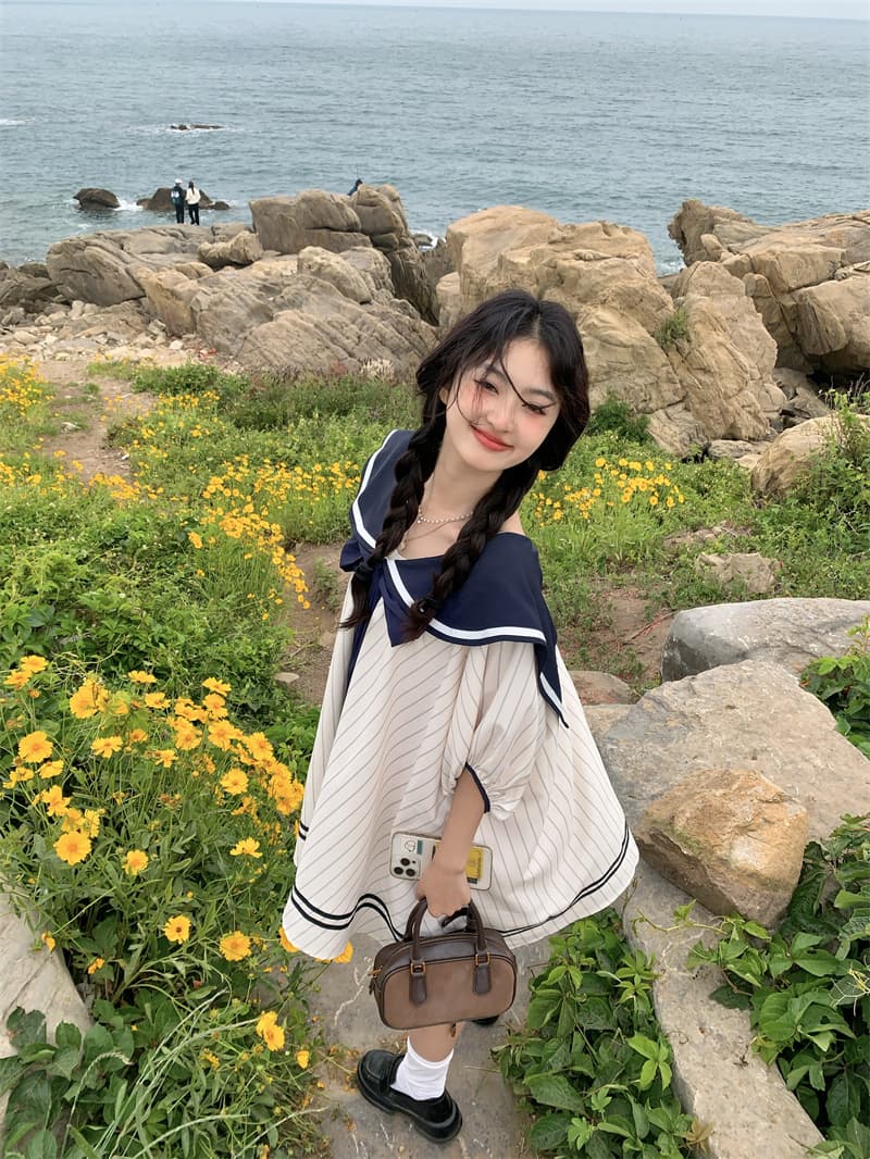 실사 새로운 한 부서 달콤함 연령 감소 해군 칼라 3 차원 나비 매듭 루즈핏 드레스 상세 이미지 28