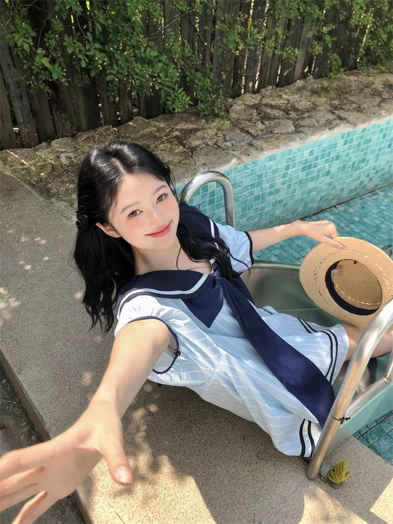 실사 새로운 한 부서 달콤함 연령 감소 해군 칼라 3 차원 나비 매듭 루즈핏 드레스 상세 이미지 1