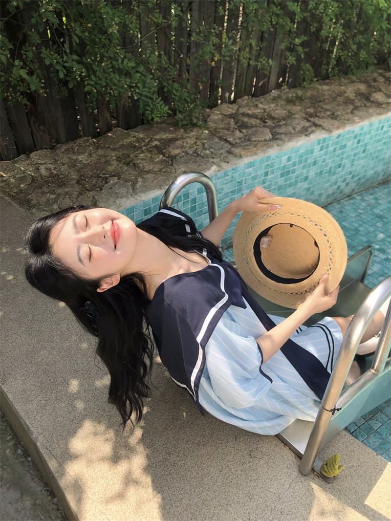 실사 새로운 한 부서 달콤함 연령 감소 해군 칼라 3 차원 나비 매듭 루즈핏 드레스 상세 이미지 2