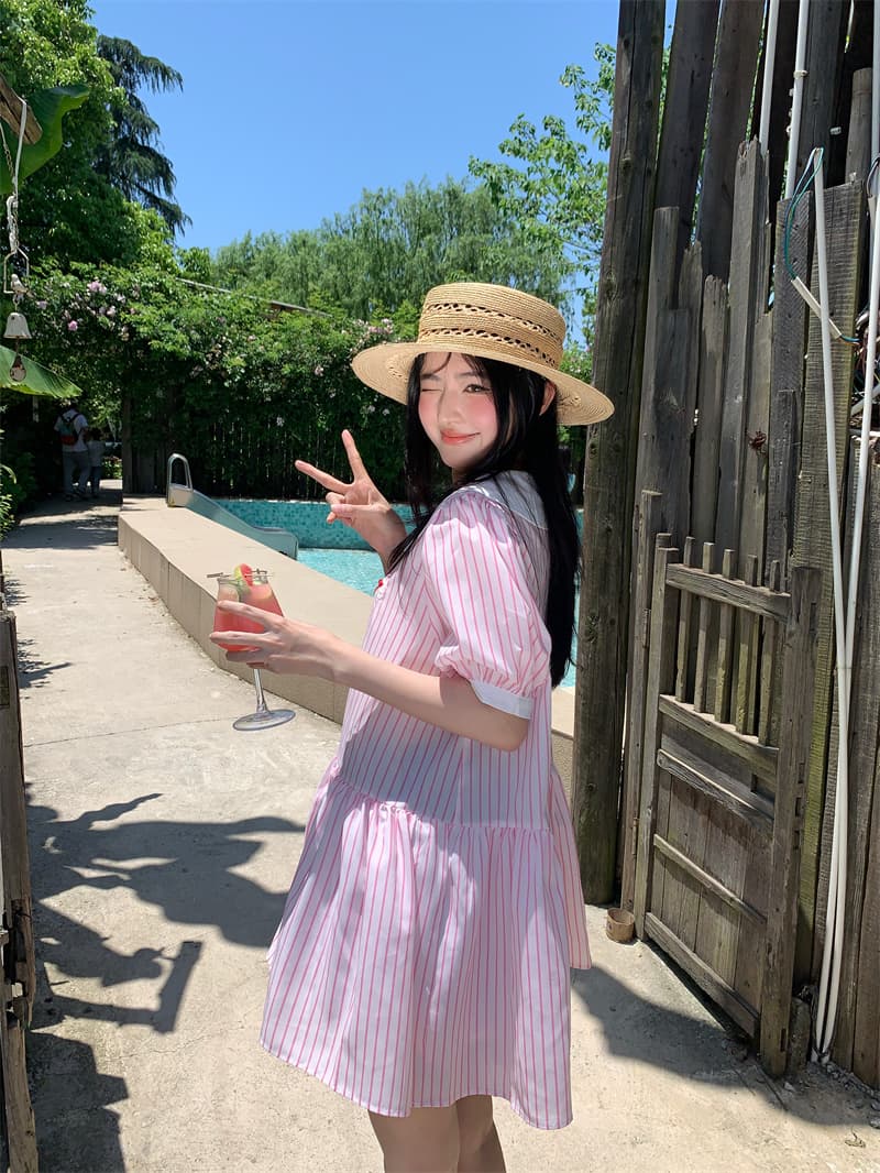 실사 새로운 한 부서 달콤함 연령 감소 패치워크 색상 베이비 칼라 루즈핏 반팔 드레스 상세 이미지 1