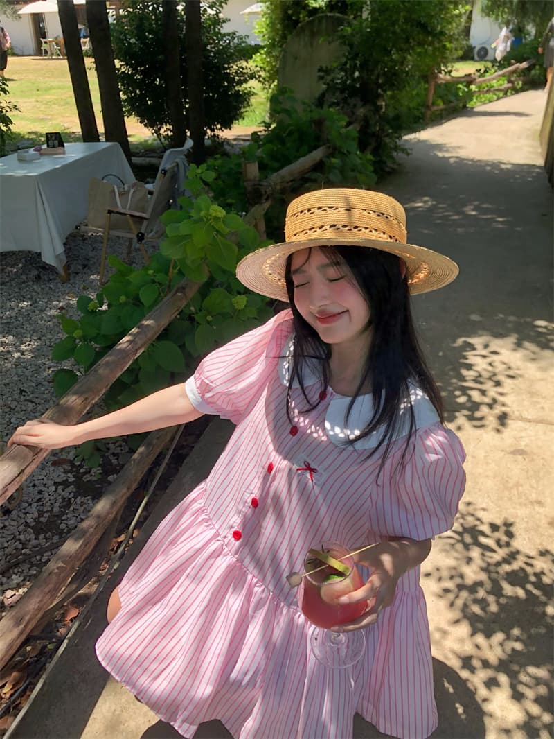 실사 새로운 한 부서 달콤함 연령 감소 패치워크 색상 베이비 칼라 루즈핏 반팔 드레스 상세 이미지 15