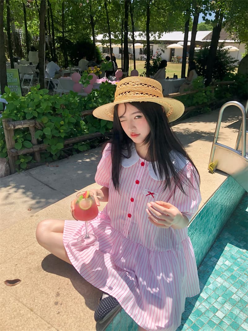 실사 새로운 한 부서 달콤함 연령 감소 패치워크 색상 베이비 칼라 루즈핏 반팔 드레스 상세 이미지 17