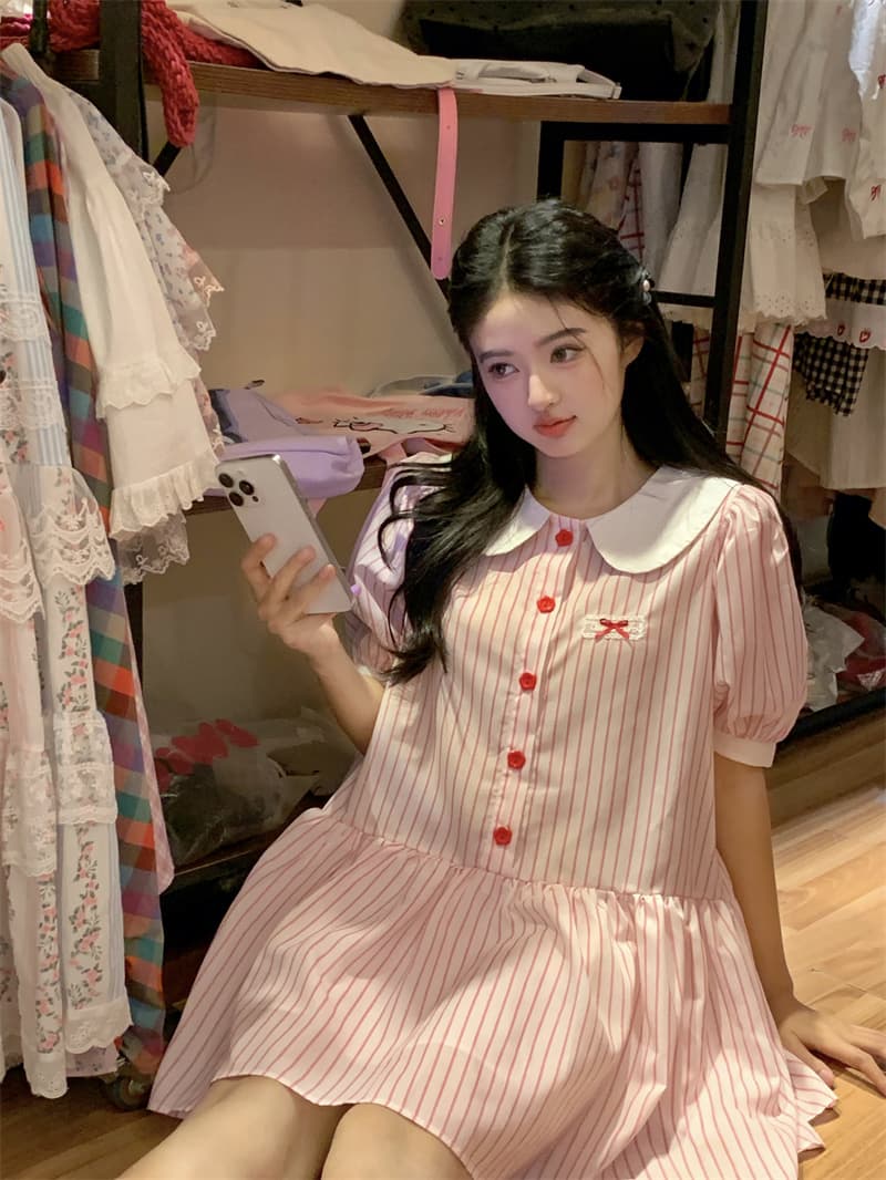 실사 새로운 한 부서 달콤함 연령 감소 패치워크 색상 베이비 칼라 루즈핏 반팔 드레스 상세 이미지 23