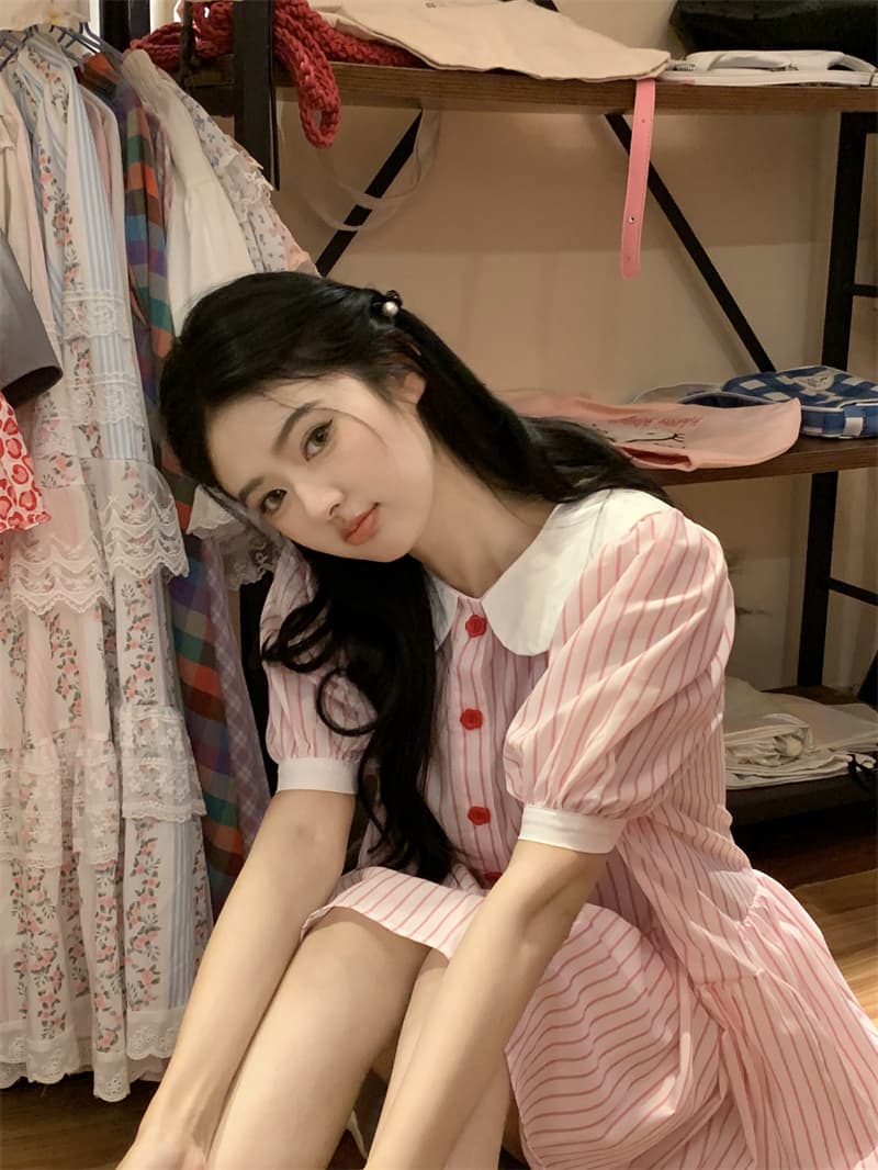 실사 새로운 한 부서 달콤함 연령 감소 패치워크 색상 베이비 칼라 루즈핏 반팔 드레스 상세 이미지 24