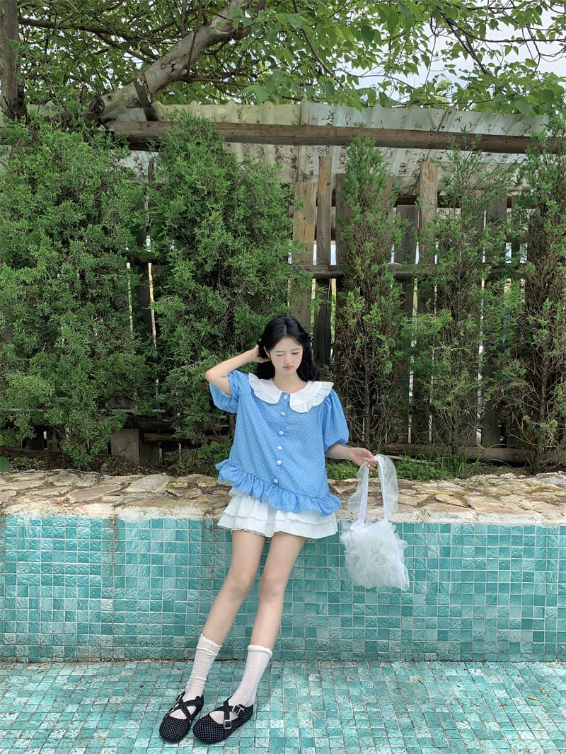 실사 새로운 한 부서 달콤함 연령 감소 배색 패치워크 베이비 칼라 거품 소매 루즈핏 셔츠 상세 이미지 6
