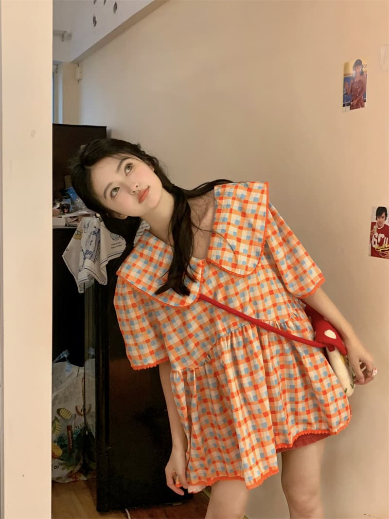 실사 새로운 한 부서 달콤함 연령 감소 베이비 칼라 패치워크 레이스 체크무늬 루즈핏 드레스 상세 이미지 5