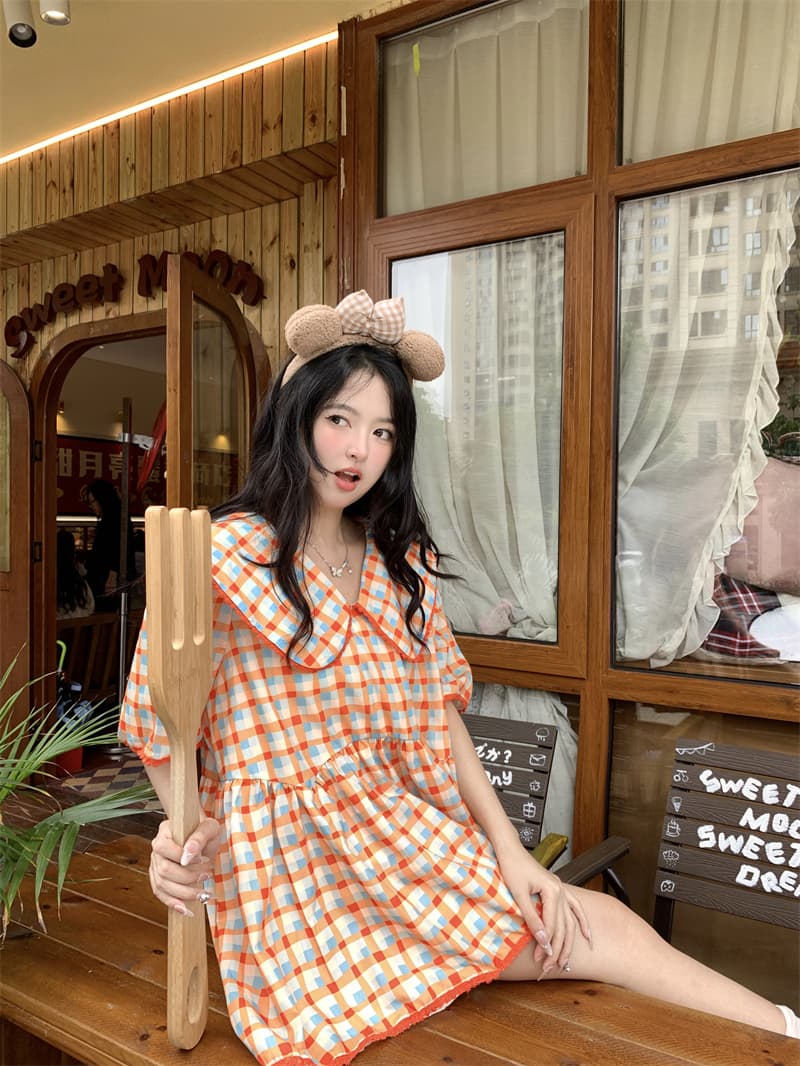 실사 새로운 한 부서 달콤함 연령 감소 베이비 칼라 패치워크 레이스 체크무늬 루즈핏 드레스 상세 이미지 20
