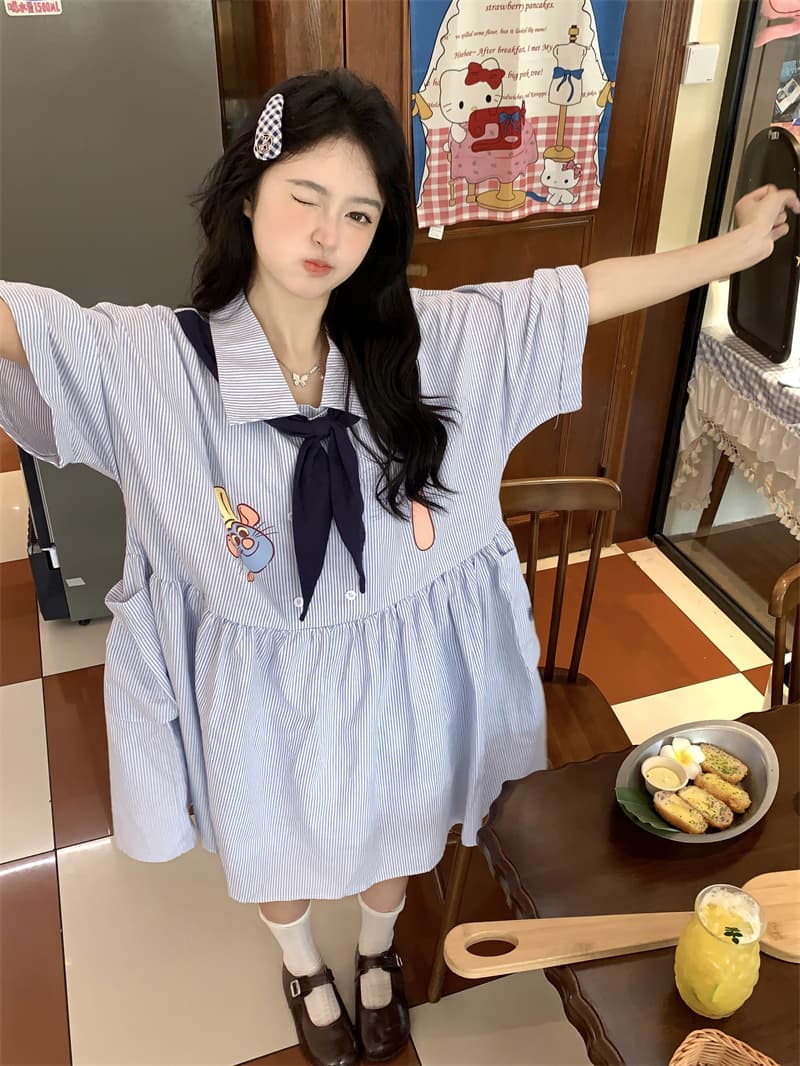 실사 새로운 한 부서 달콤함 연령 감소 학원 스타일 해군 칼라 프린트 주머니 루즈핏 스트라이프 드레스 이미지 2