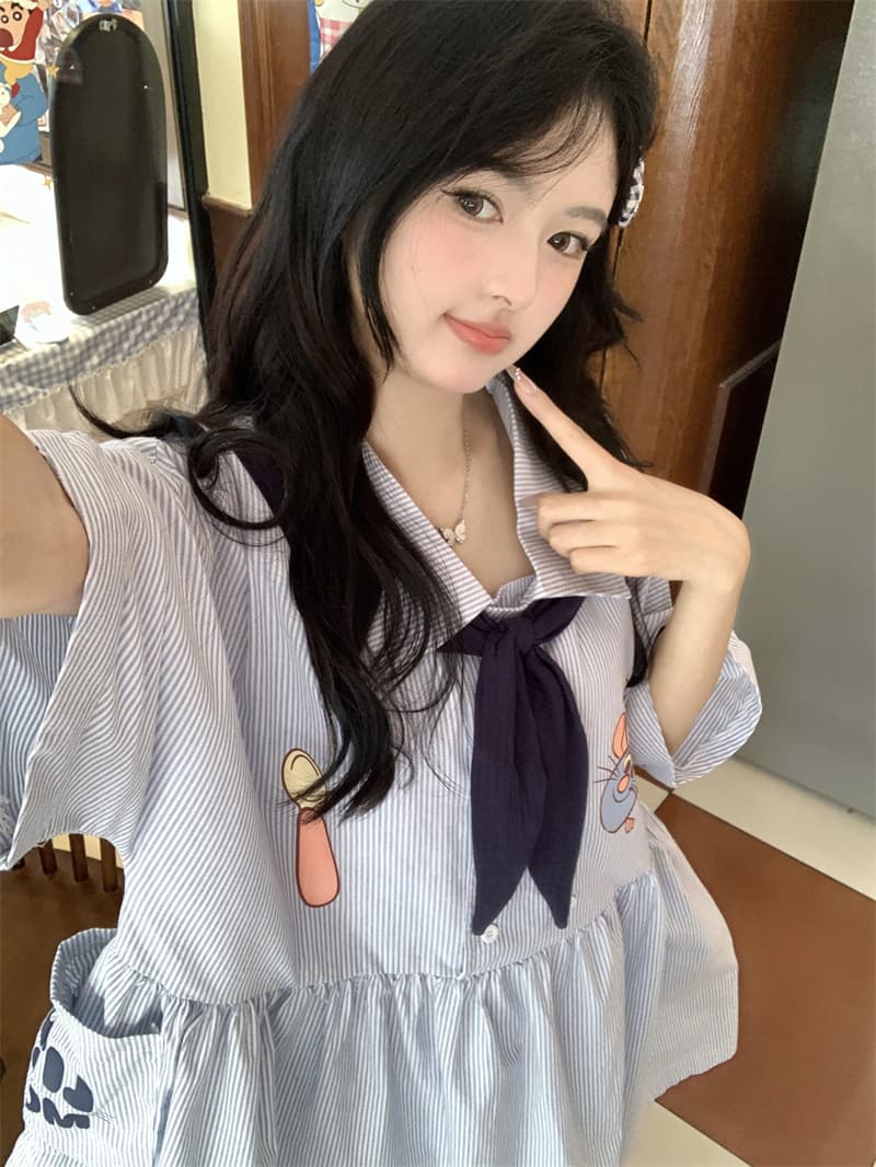 실사 새로운 한 부서 달콤함 연령 감소 학원 스타일 해군 칼라 프린트 주머니 루즈핏 스트라이프 드레스 이미지 4