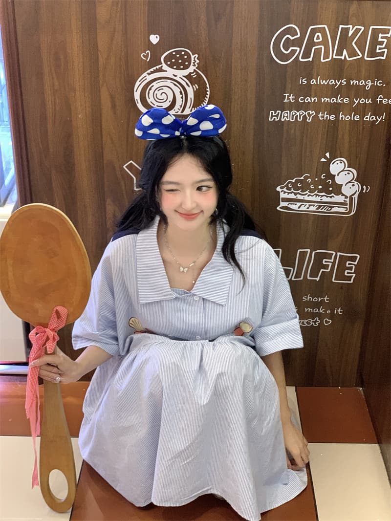 실사 새로운 한 부서 달콤함 연령 감소 학원 스타일 해군 칼라 프린트 주머니 루즈핏 스트라이프 드레스 상세 이미지 2