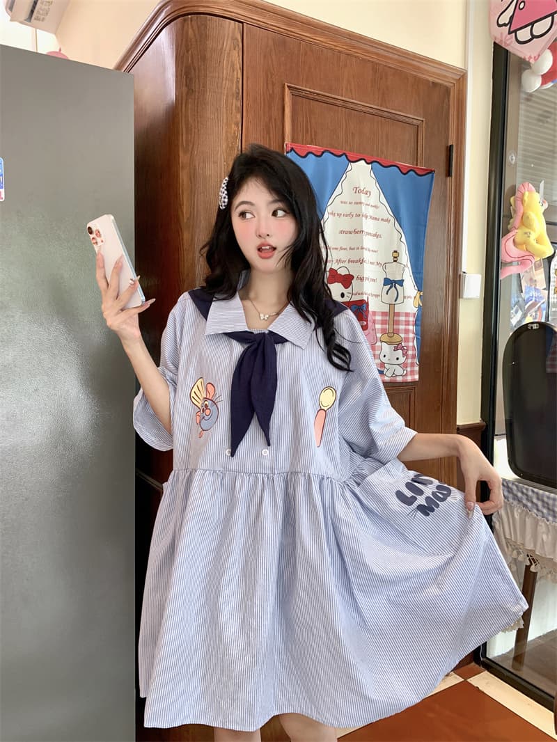 실사 새로운 한 부서 달콤함 연령 감소 학원 스타일 해군 칼라 프린트 주머니 루즈핏 스트라이프 드레스 상세 이미지 26