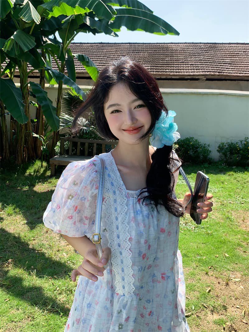 실사 새로운 한 부서 달콤함 연령 감소 레이스 나비 매듭 꽃무늬 루즈핏 드레스 이미지 4