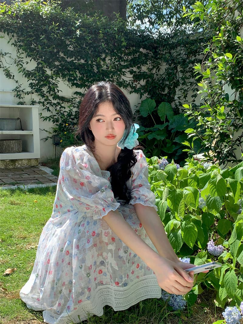 실사 새로운 한 부서 달콤함 연령 감소 레이스 나비 매듭 꽃무늬 루즈핏 드레스 이미지 3