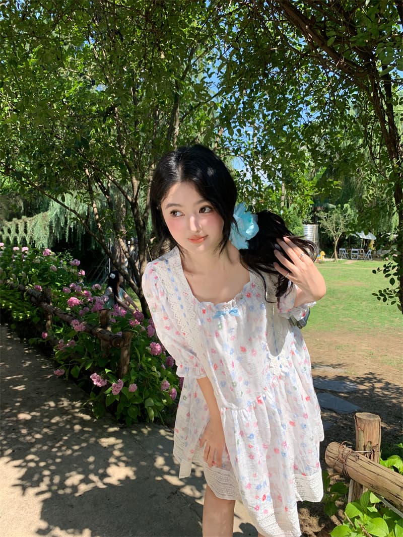 실사 새로운 한 부서 달콤함 연령 감소 레이스 나비 매듭 꽃무늬 루즈핏 드레스 상세 이미지 6