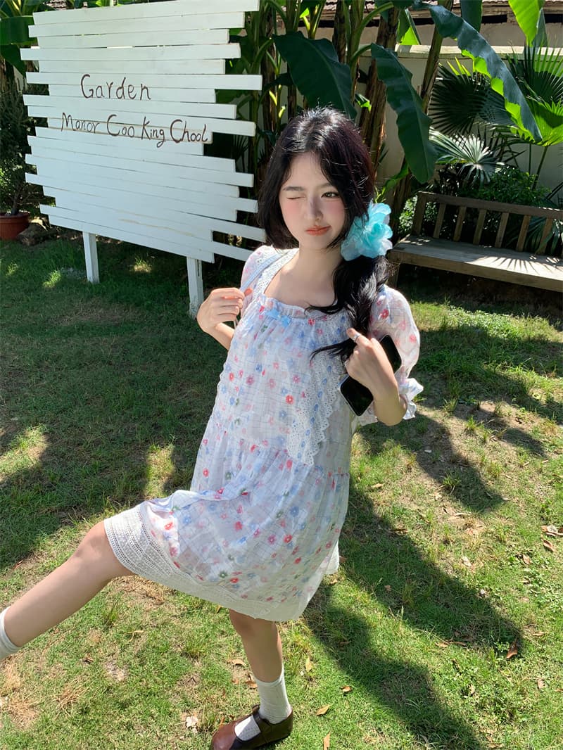 실사 새로운 한 부서 달콤함 연령 감소 레이스 나비 매듭 꽃무늬 루즈핏 드레스 상세 이미지 19
