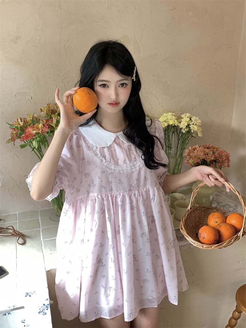 실사 새로운 한 부서 달콤함 연령 감소 레이스 조각 플리츠 베이비 칼라 루즈핏 드레스 상세 이미지 3