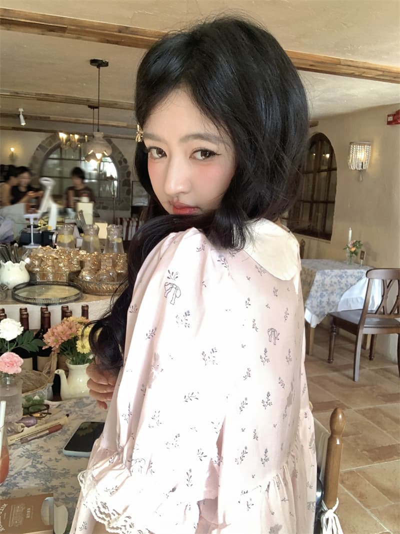 실사 새로운 한 부서 달콤함 연령 감소 레이스 조각 플리츠 베이비 칼라 루즈핏 드레스 상세 이미지 9