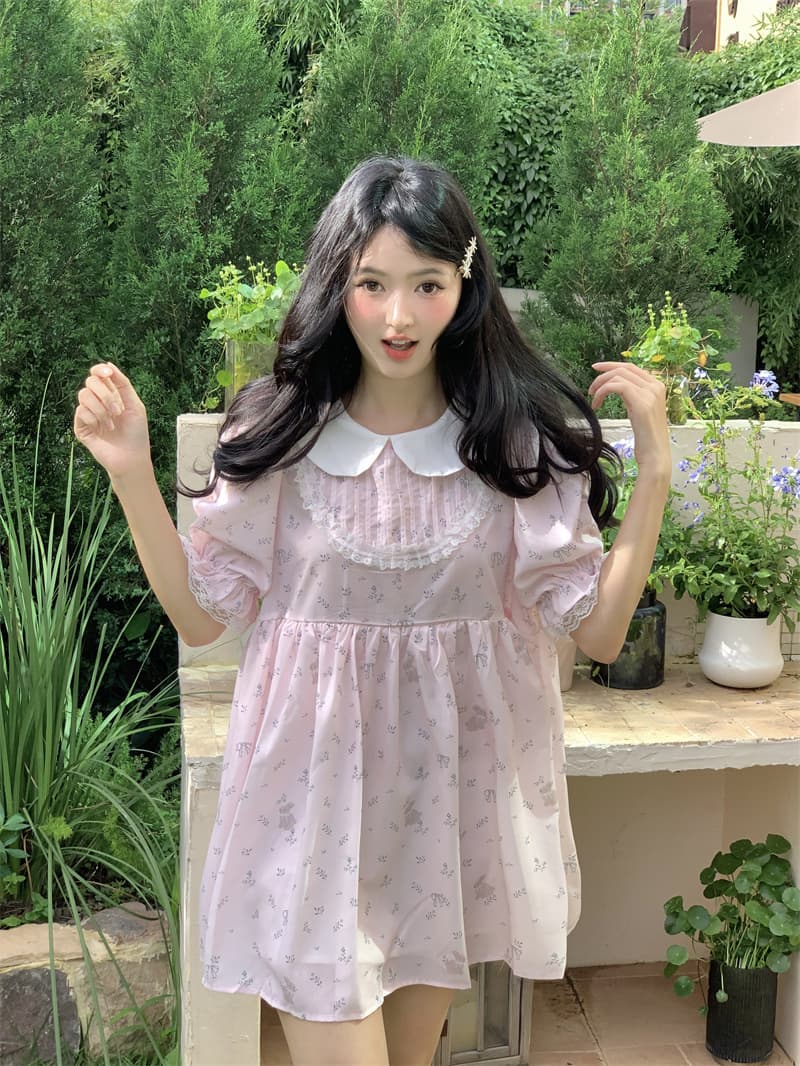 실사 새로운 한 부서 달콤함 연령 감소 레이스 조각 플리츠 베이비 칼라 루즈핏 드레스 상세 이미지 10