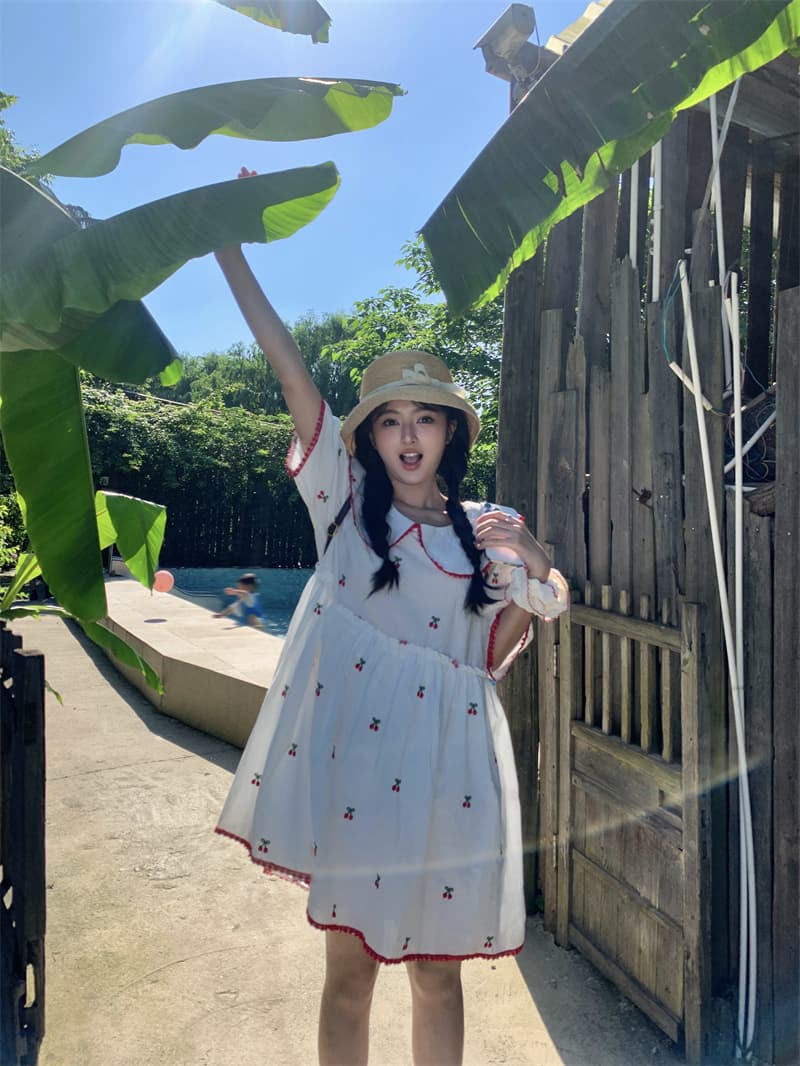 실사 새로운 한 부서 달콤함 연령 감소 무거운 작업 자수 체리 패치워크 레이스 루즈핏 인형 드레스 상세 이미지 8