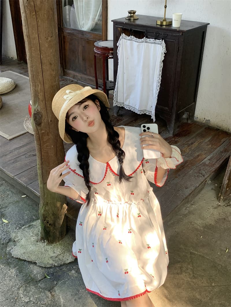실사 새로운 한 부서 달콤함 연령 감소 무거운 작업 자수 체리 패치워크 레이스 루즈핏 인형 드레스 상세 이미지 10