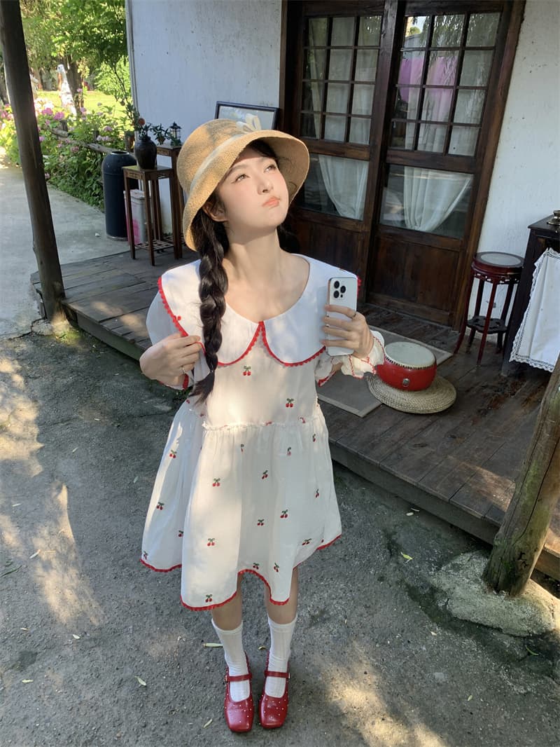 실사 새로운 한 부서 달콤함 연령 감소 무거운 작업 자수 체리 패치워크 레이스 루즈핏 인형 드레스 상세 이미지 12