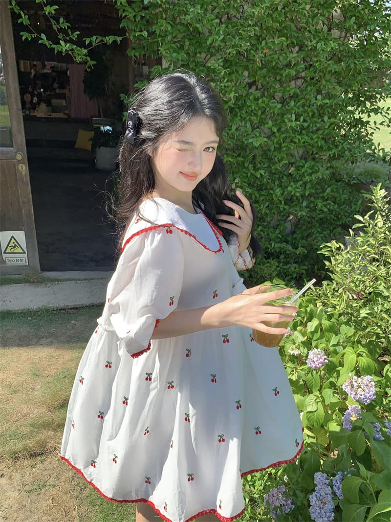 실사 새로운 한 부서 달콤함 연령 감소 무거운 작업 자수 체리 패치워크 레이스 루즈핏 인형 드레스 상세 이미지 15