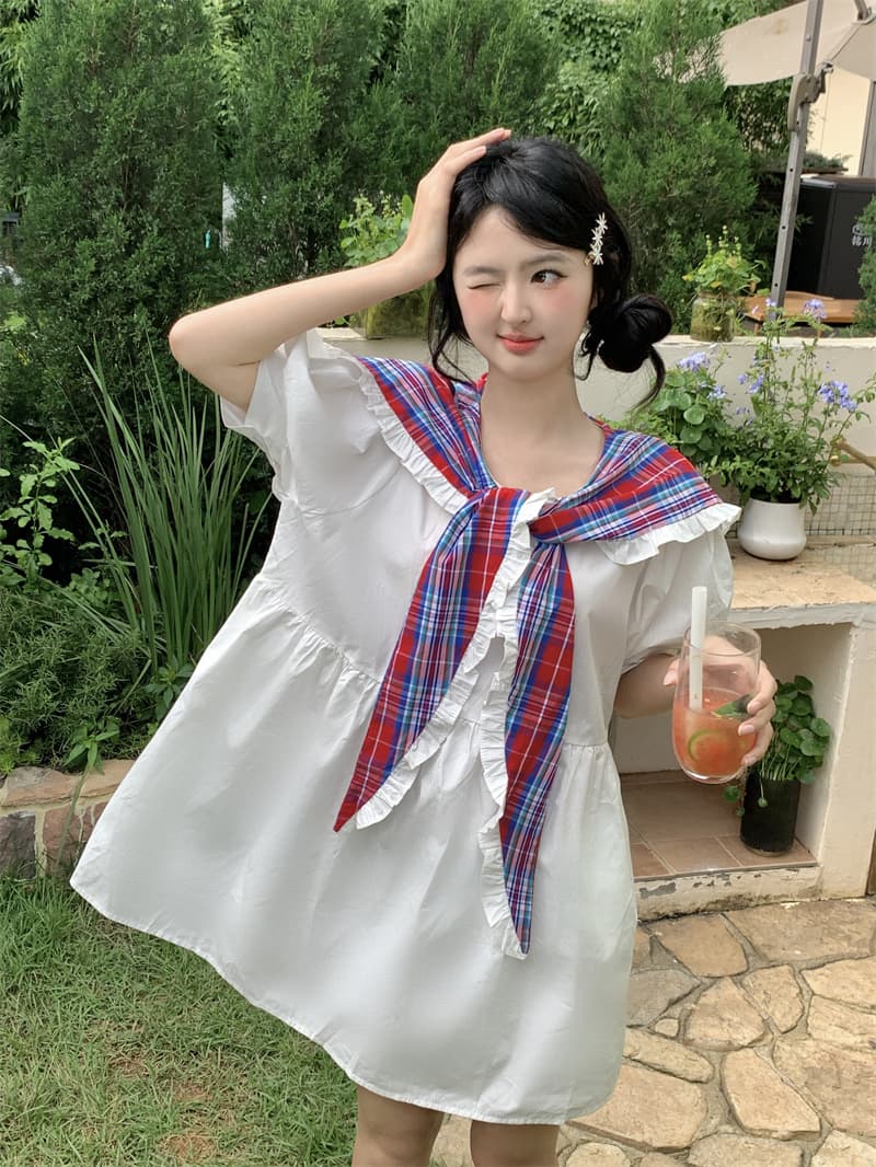 실사 새로운 한 부서 달콤함 연령 감소 무거운 작업 체크무늬 패치워크 나비 매듭 빅 칼라 루즈핏 드레스 상세 이미지 2
