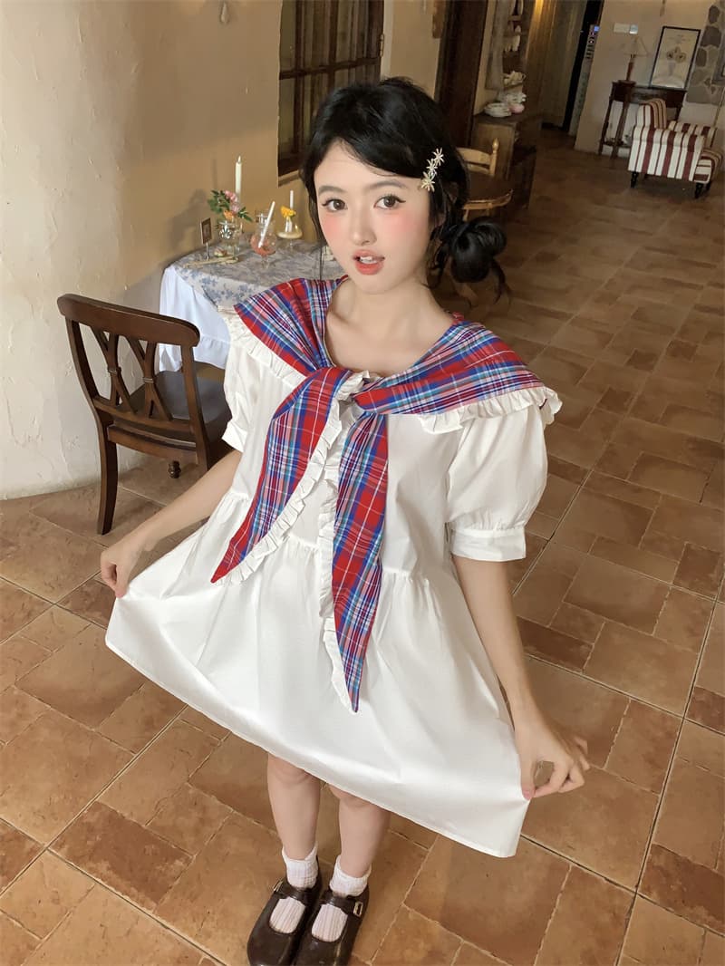 실사 새로운 한 부서 달콤함 연령 감소 무거운 작업 체크무늬 패치워크 나비 매듭 빅 칼라 루즈핏 드레스 상세 이미지 7
