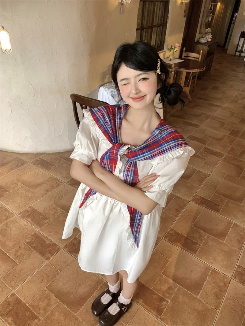 실사 새로운 한 부서 달콤함 연령 감소 무거운 작업 체크무늬 패치워크 나비 매듭 빅 칼라 루즈핏 드레스 상세 이미지 8