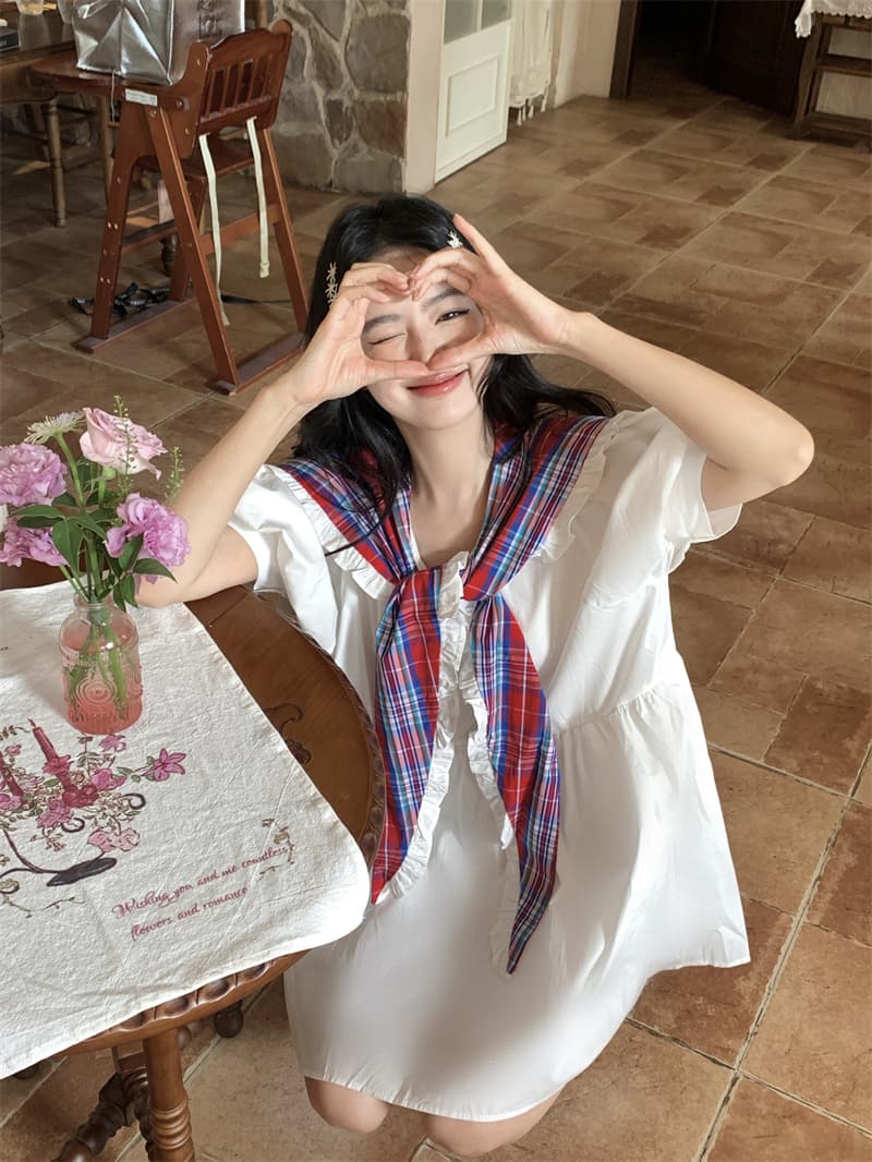 실사 새로운 한 부서 달콤함 연령 감소 무거운 작업 체크무늬 패치워크 나비 매듭 빅 칼라 루즈핏 드레스 상세 이미지 9