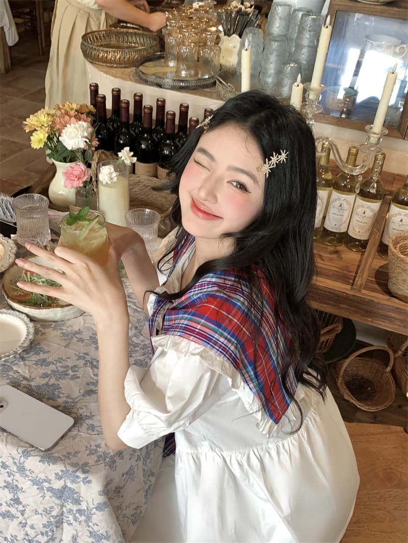 실사 새로운 한 부서 달콤함 연령 감소 무거운 작업 체크무늬 패치워크 나비 매듭 빅 칼라 루즈핏 드레스 상세 이미지 11