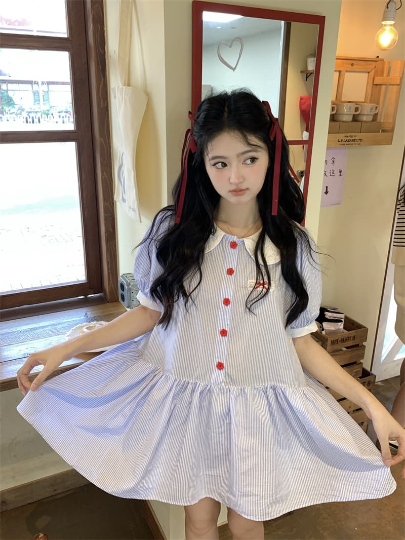 실사 새로운 한 부서 달콤함 연령 감소 패치워크 색상 베이비 칼라 루즈핏 반팔 드레스 이미지 4
