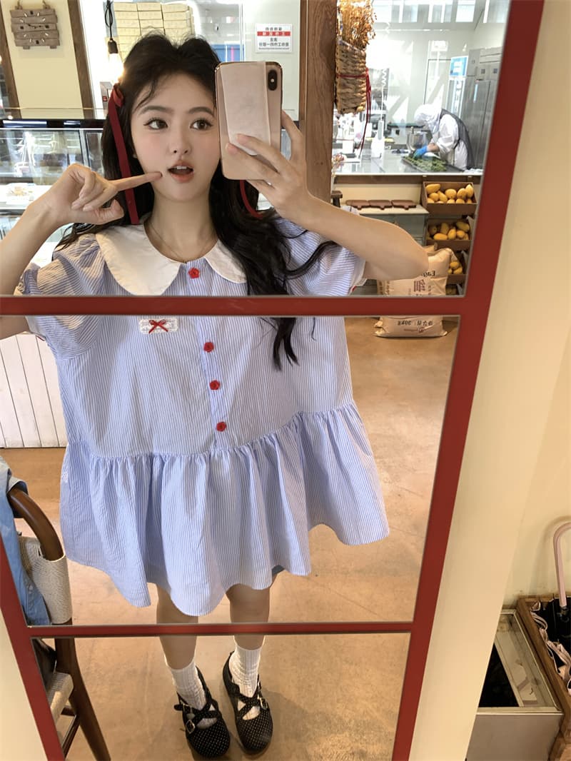 실사 새로운 한 부서 달콤함 연령 감소 패치워크 색상 베이비 칼라 루즈핏 반팔 드레스