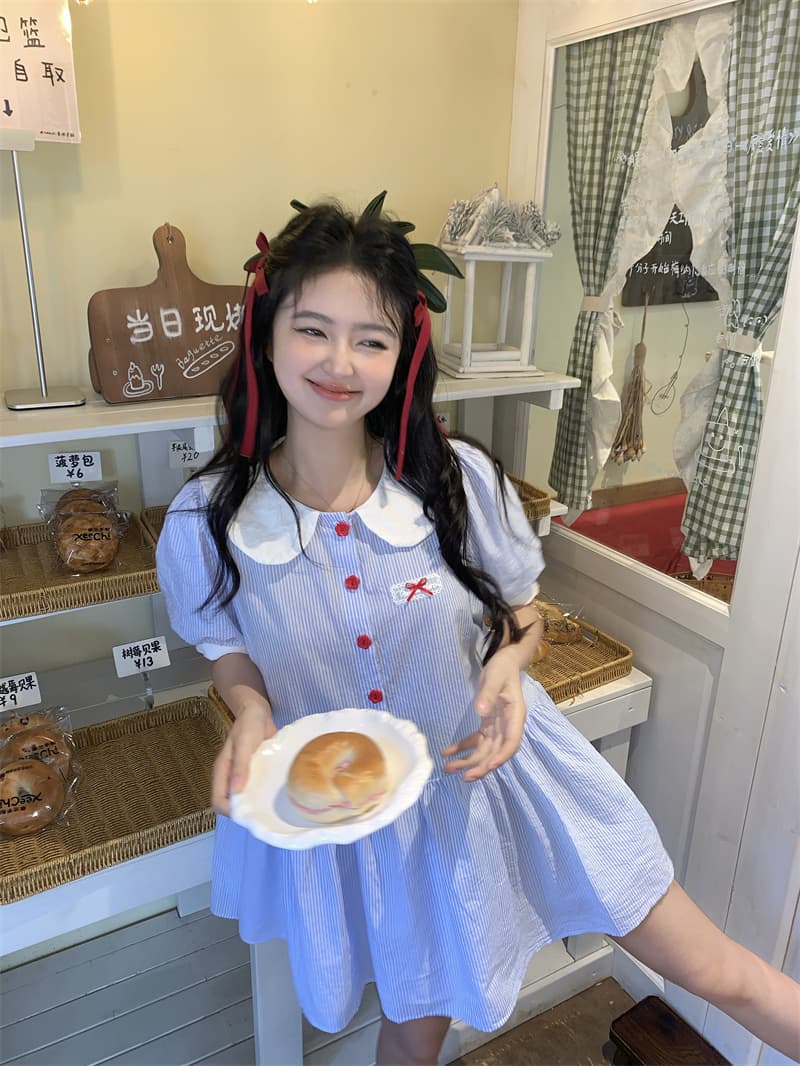 실사 새로운 한 부서 달콤함 연령 감소 패치워크 색상 베이비 칼라 루즈핏 반팔 드레스 상세 이미지 3