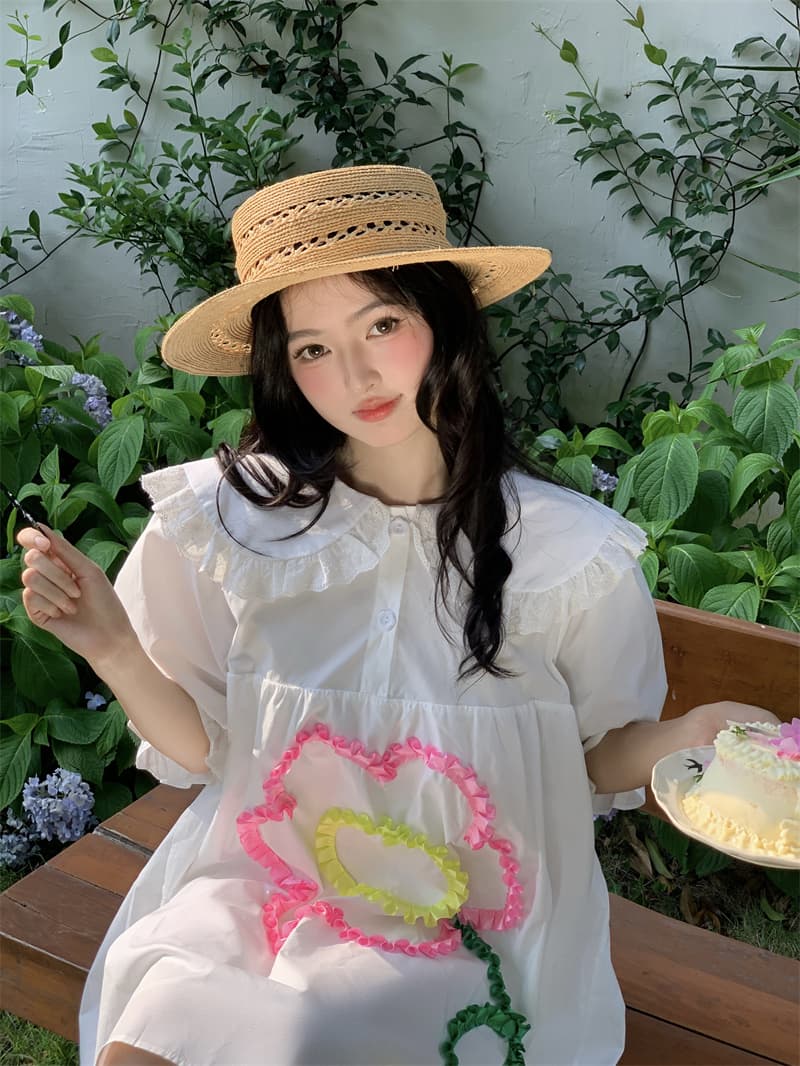 실사 새로운 한 부서 달콤함 연령 감소 무거운 작업 베이비 칼라 리본 꽃 루즈핏 드레스 상세 이미지 7