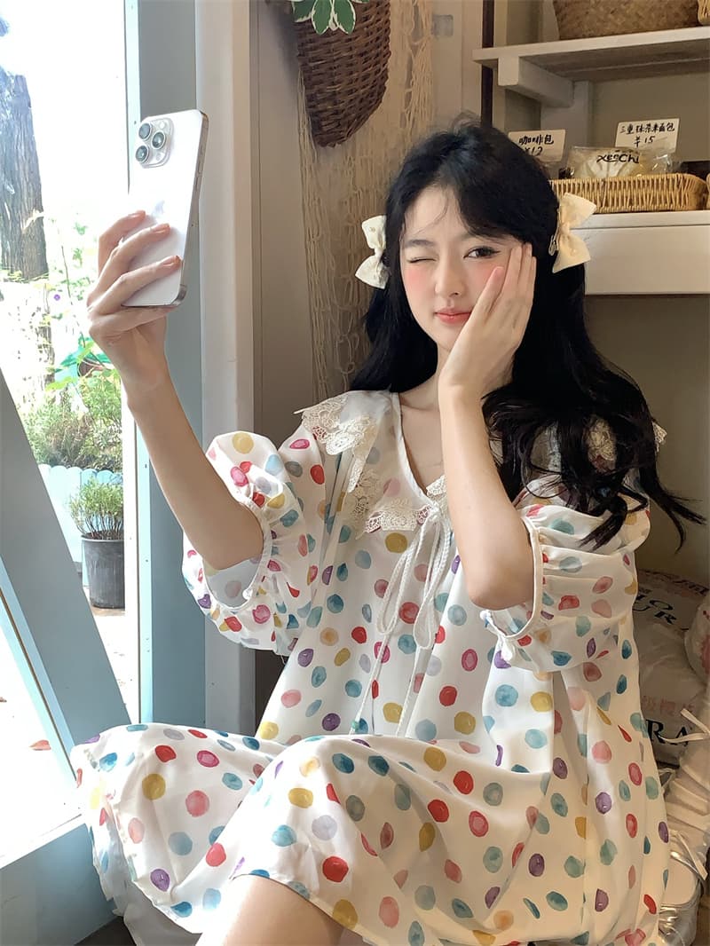 실사 새로운 한 부서 달콤함 연령 감소 무거운 작업 레이스 베이비 칼라 도트 무늬 루즈핏 반팔 드레스 상세 이미지 6