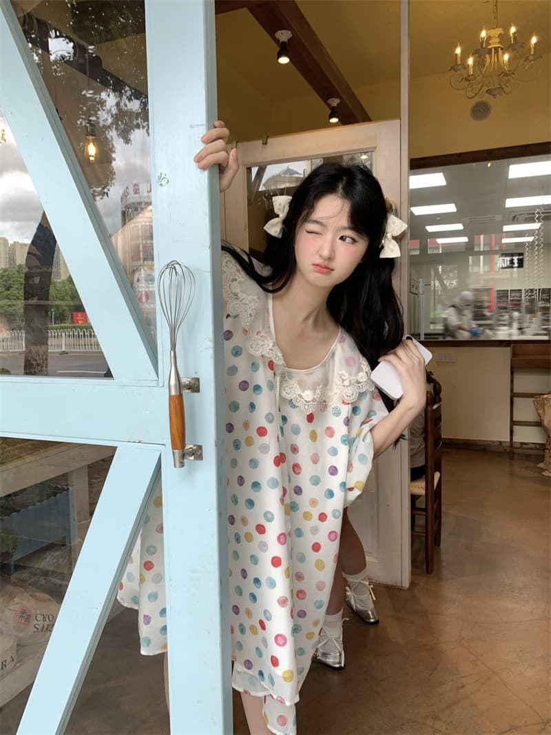실사 새로운 한 부서 달콤함 연령 감소 무거운 작업 레이스 베이비 칼라 도트 무늬 루즈핏 반팔 드레스 상세 이미지 8