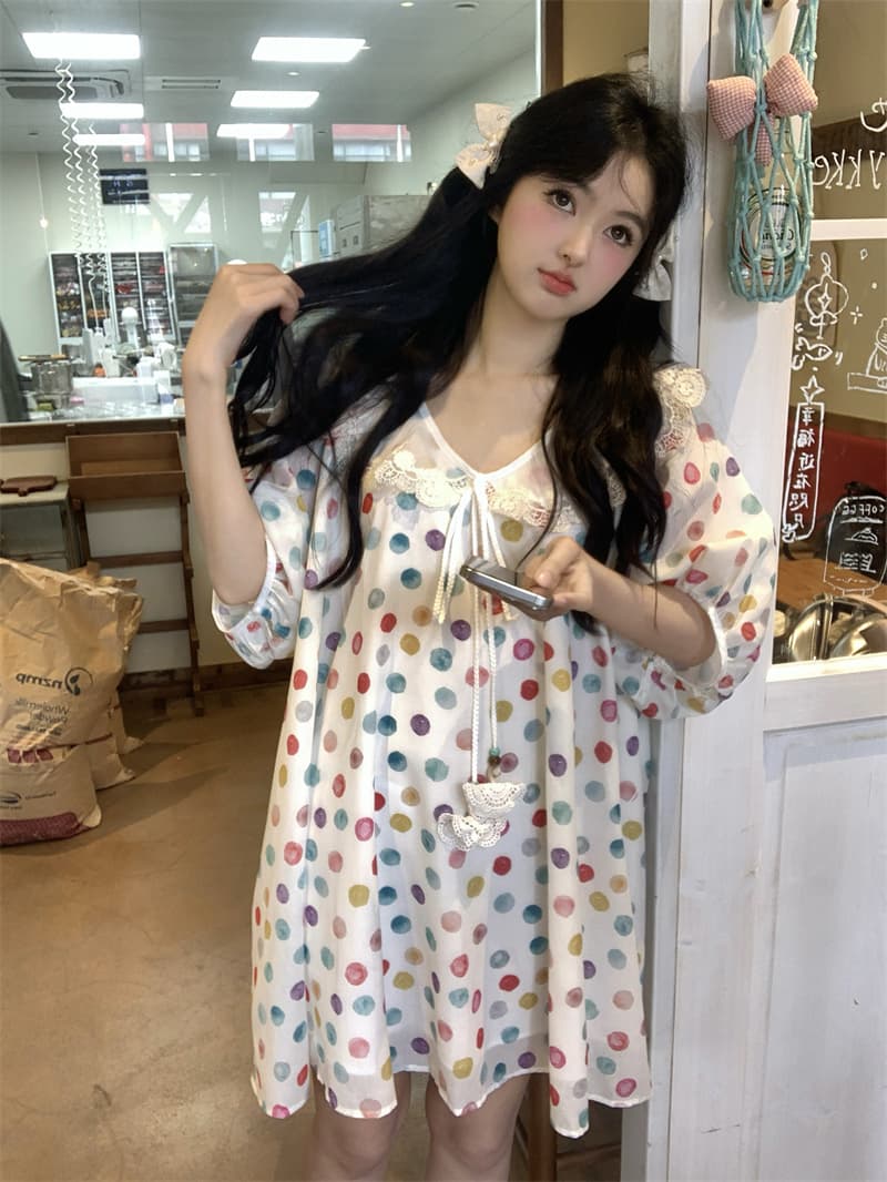 실사 새로운 한 부서 달콤함 연령 감소 무거운 작업 레이스 베이비 칼라 도트 무늬 루즈핏 반팔 드레스 상세 이미지 10