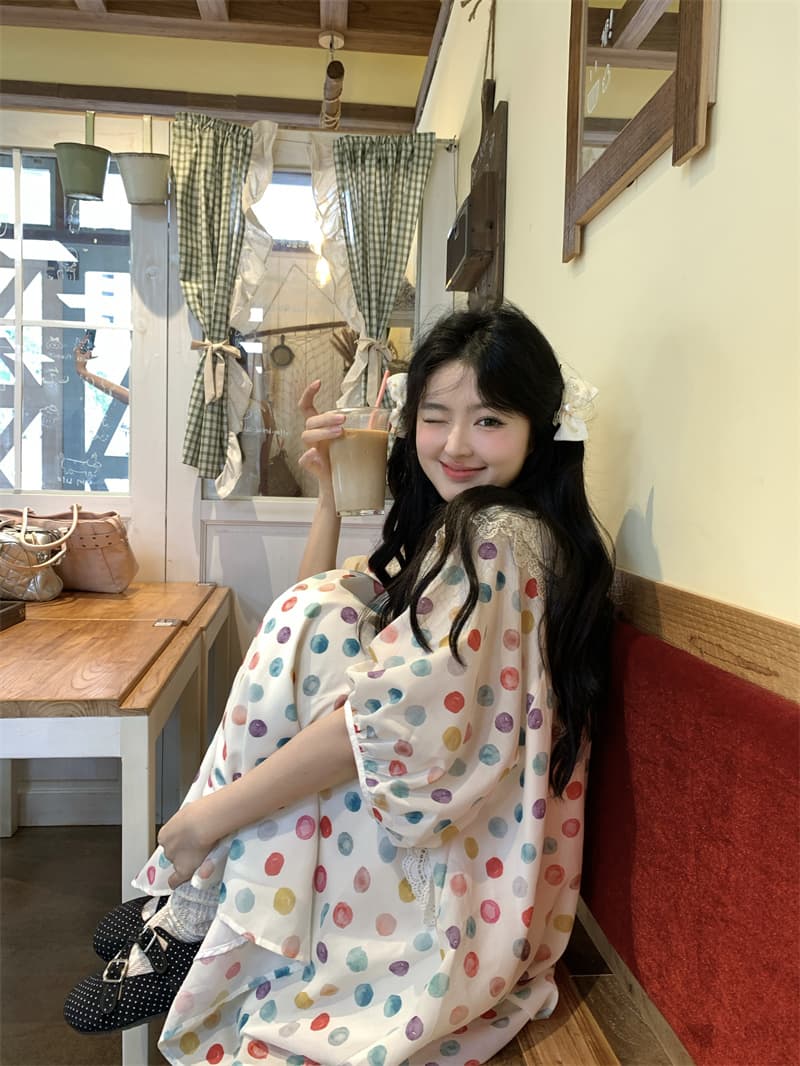 실사 새로운 한 부서 달콤함 연령 감소 무거운 작업 레이스 베이비 칼라 도트 무늬 루즈핏 반팔 드레스 상세 이미지 12
