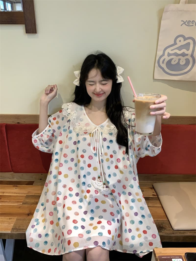 실사 새로운 한 부서 달콤함 연령 감소 무거운 작업 레이스 베이비 칼라 도트 무늬 루즈핏 반팔 드레스 상세 이미지 20