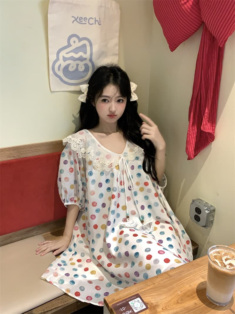 실사 새로운 한 부서 달콤함 연령 감소 무거운 작업 레이스 베이비 칼라 도트 무늬 루즈핏 반팔 드레스 상세 이미지 22