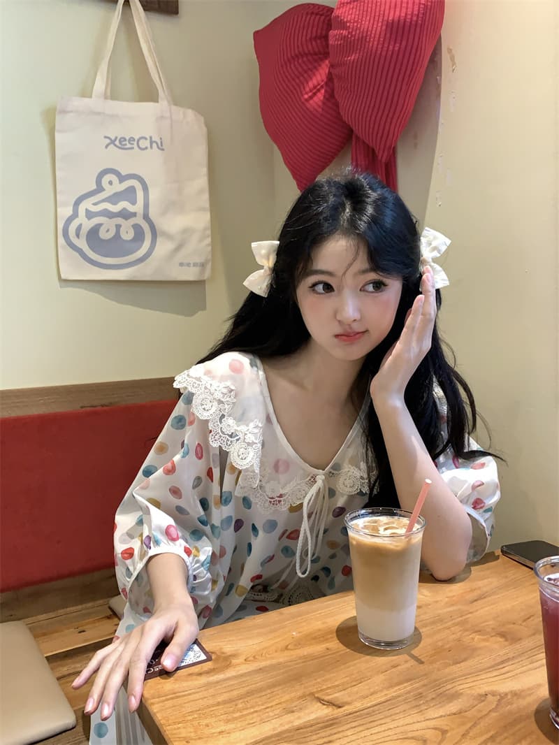 실사 새로운 한 부서 달콤함 연령 감소 무거운 작업 레이스 베이비 칼라 도트 무늬 루즈핏 반팔 드레스 상세 이미지 24