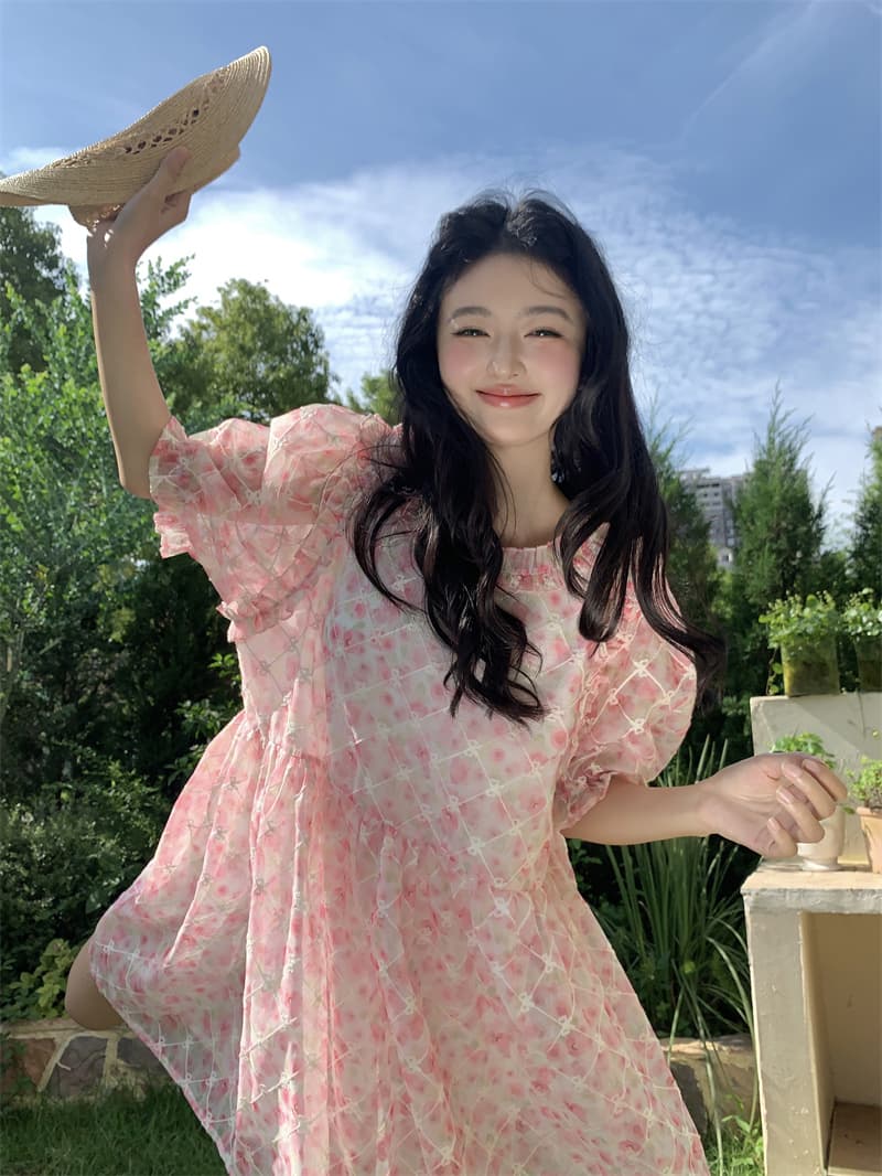 실사 새로운 한 부서 달콤한 연령 감소 무거운 작업 자수 프릴 루즈핏 반팔 드레스 상세 이미지 10