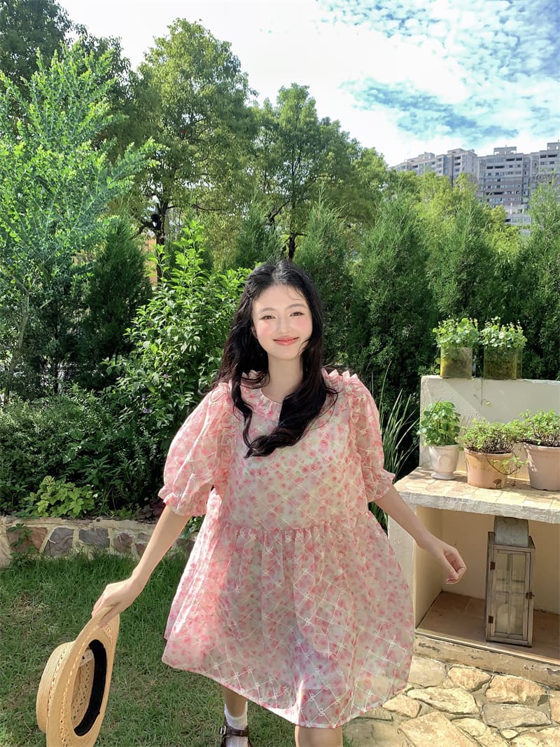 실사 새로운 한 부서 달콤한 연령 감소 무거운 작업 자수 프릴 루즈핏 반팔 드레스 상세 이미지 12