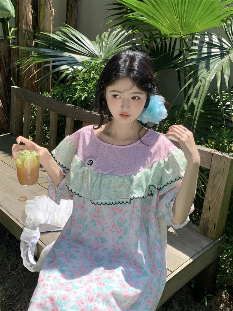 실사 새로운 한 부서 달콤함 연령 감소 무거운 작업 패치워크 프릴 칼라 루즈핏 반팔 드레스