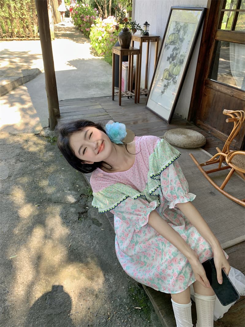 실사 새로운 한 부서 달콤함 연령 감소 무거운 작업 패치워크 프릴 칼라 루즈핏 반팔 드레스 상세 이미지 3