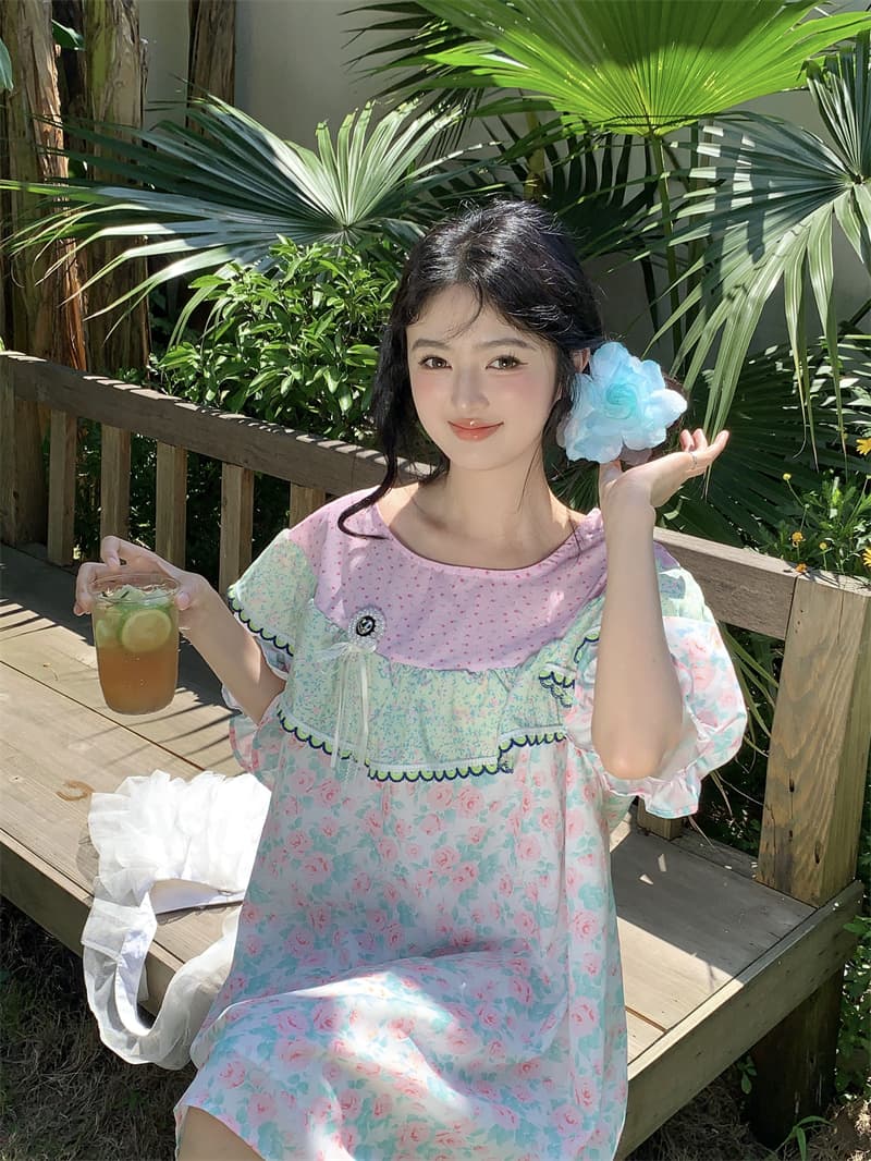 실사 새로운 한 부서 달콤함 연령 감소 무거운 작업 패치워크 프릴 칼라 루즈핏 반팔 드레스 상세 이미지 18