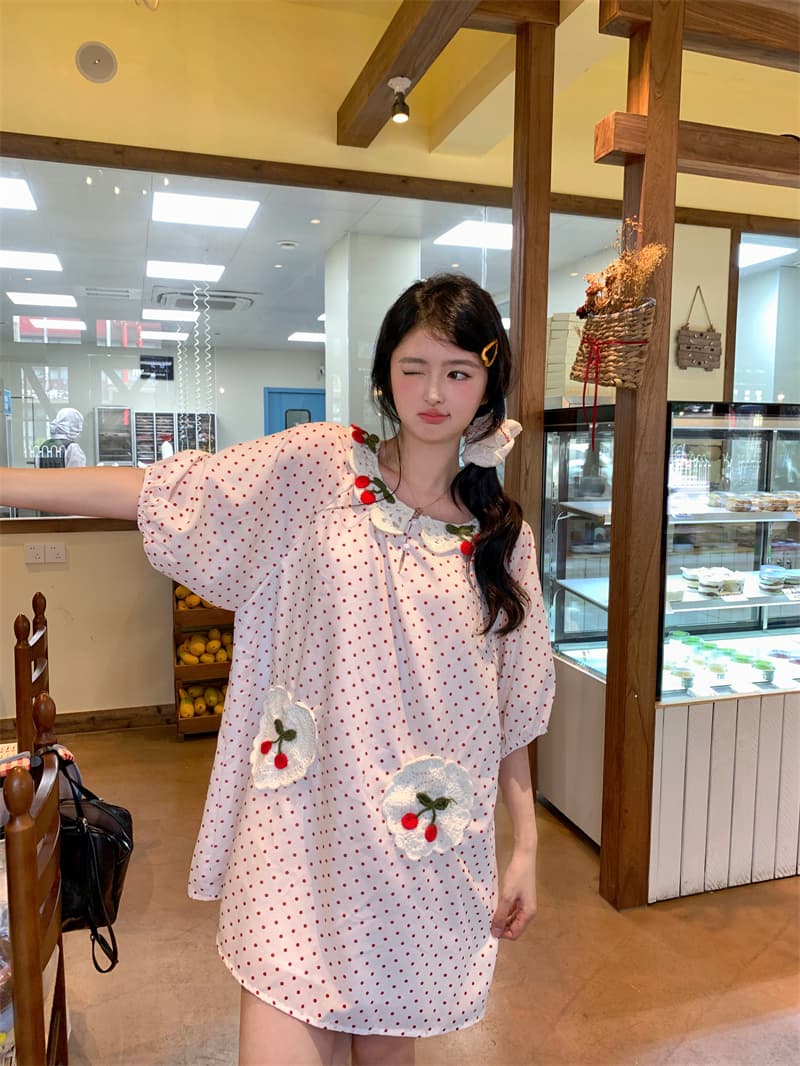실사 새로운 한 부서 달콤함 연령 감소 수공 짜임 체리 주머니 루즈핏 드레스 상세 이미지 2